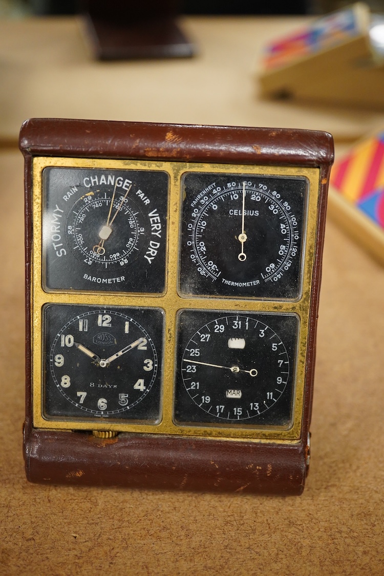 A mid-century Swiss leather cased travelling timepiece compendium with barometer, calendar and thermometer retailed by Ross, 10cm h